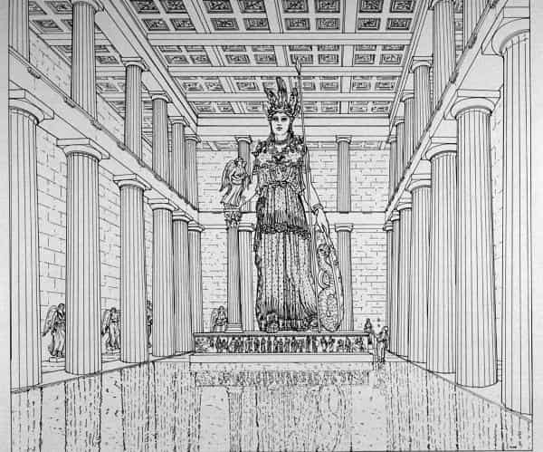 Αναπαράσταση του χρυσελεφάντινου αγάλματος της Αθηνάς στον Παρθενώνα. (Drawing by Candace Smith).