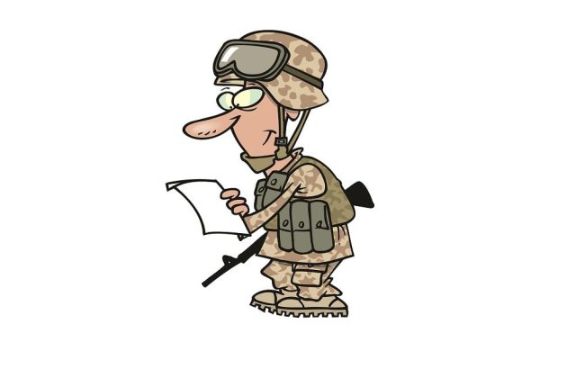 Γελοιογραφία στρατιώτης διαβάζει ανακοίνωση